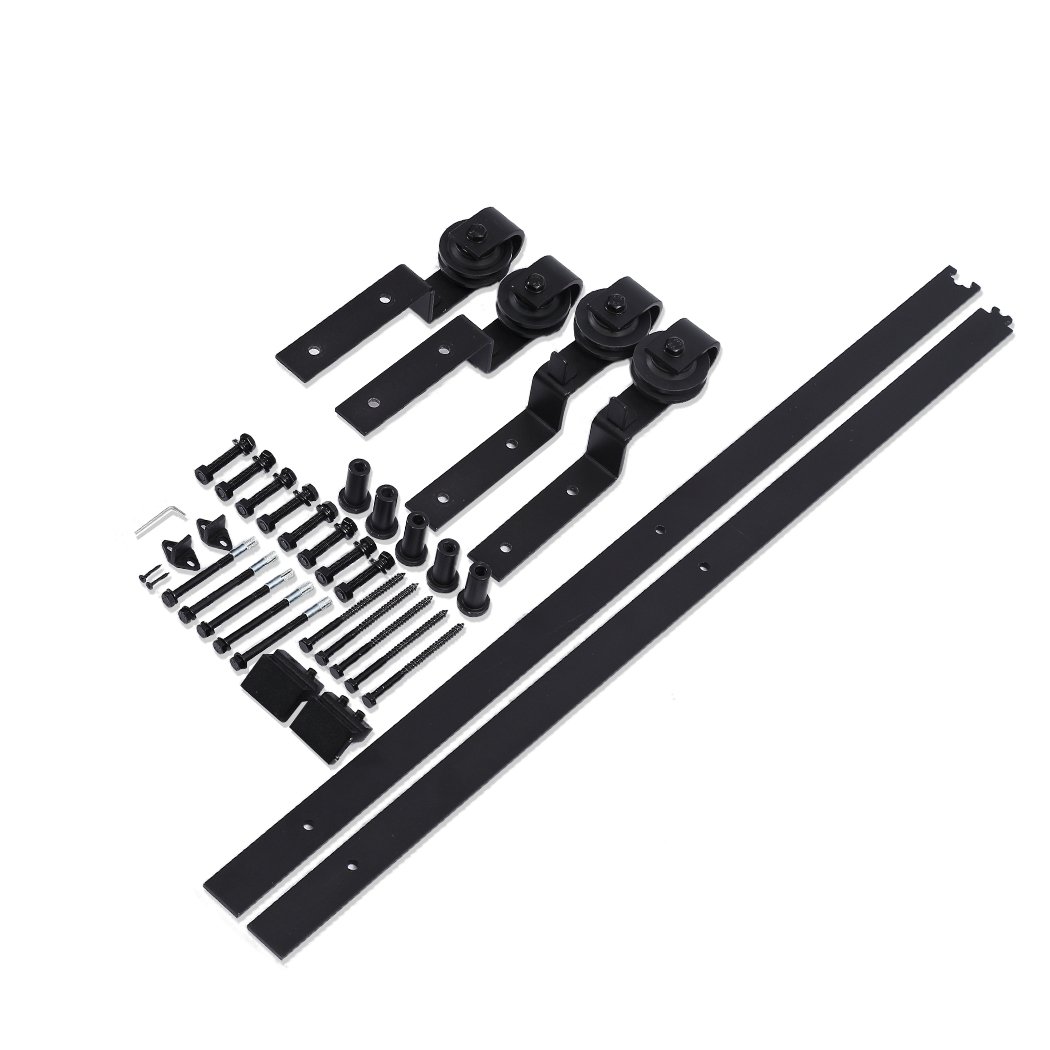 Sliding Barn Door Hardware Track Kit in black, showcasing heavy-duty carbon steel construction and elegant design for modern interiors.