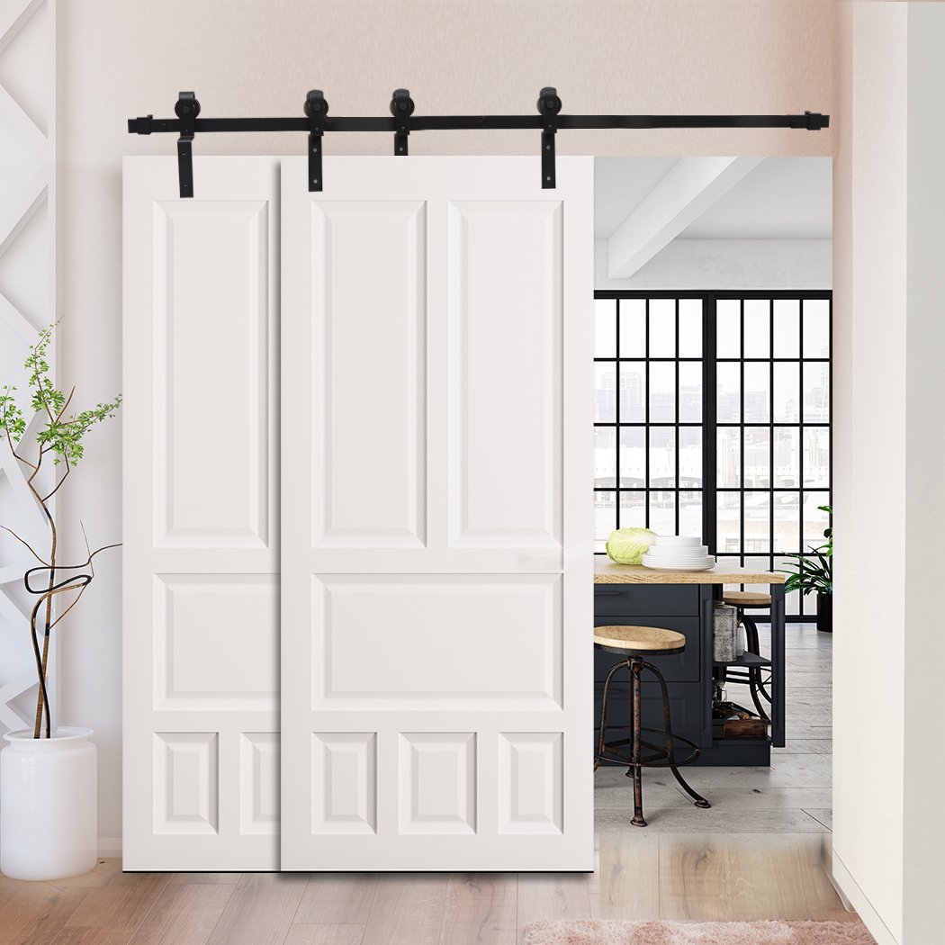 Sliding Barn Door Hardware Track Kit in black, showcasing heavy-duty carbon steel construction and elegant design for modern interiors.