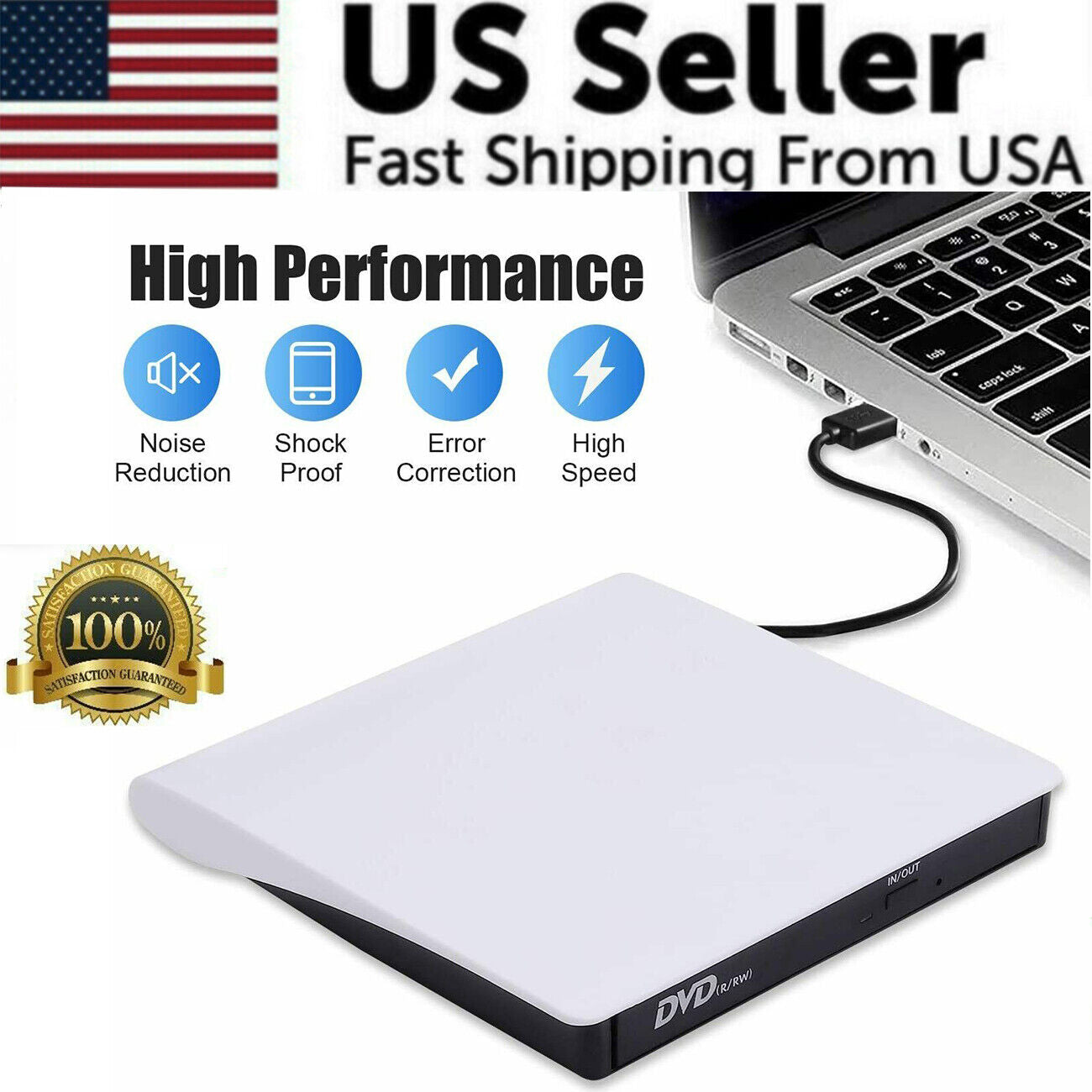 Slim External CD DVD Drive USB 3.0, a portable disc player and burner for laptops and PCs, featuring a sleek silver design.