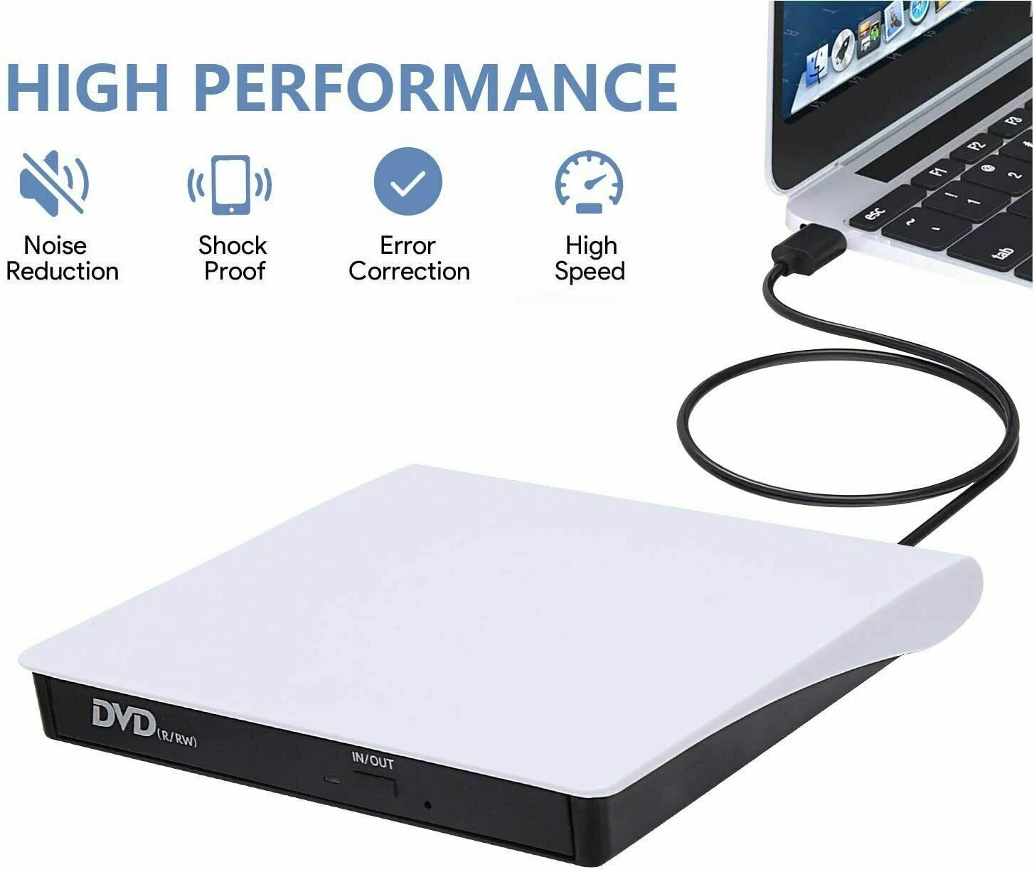 Slim External CD DVD Drive USB 3.0, a portable disc player and burner for laptops and PCs, featuring a sleek silver design.