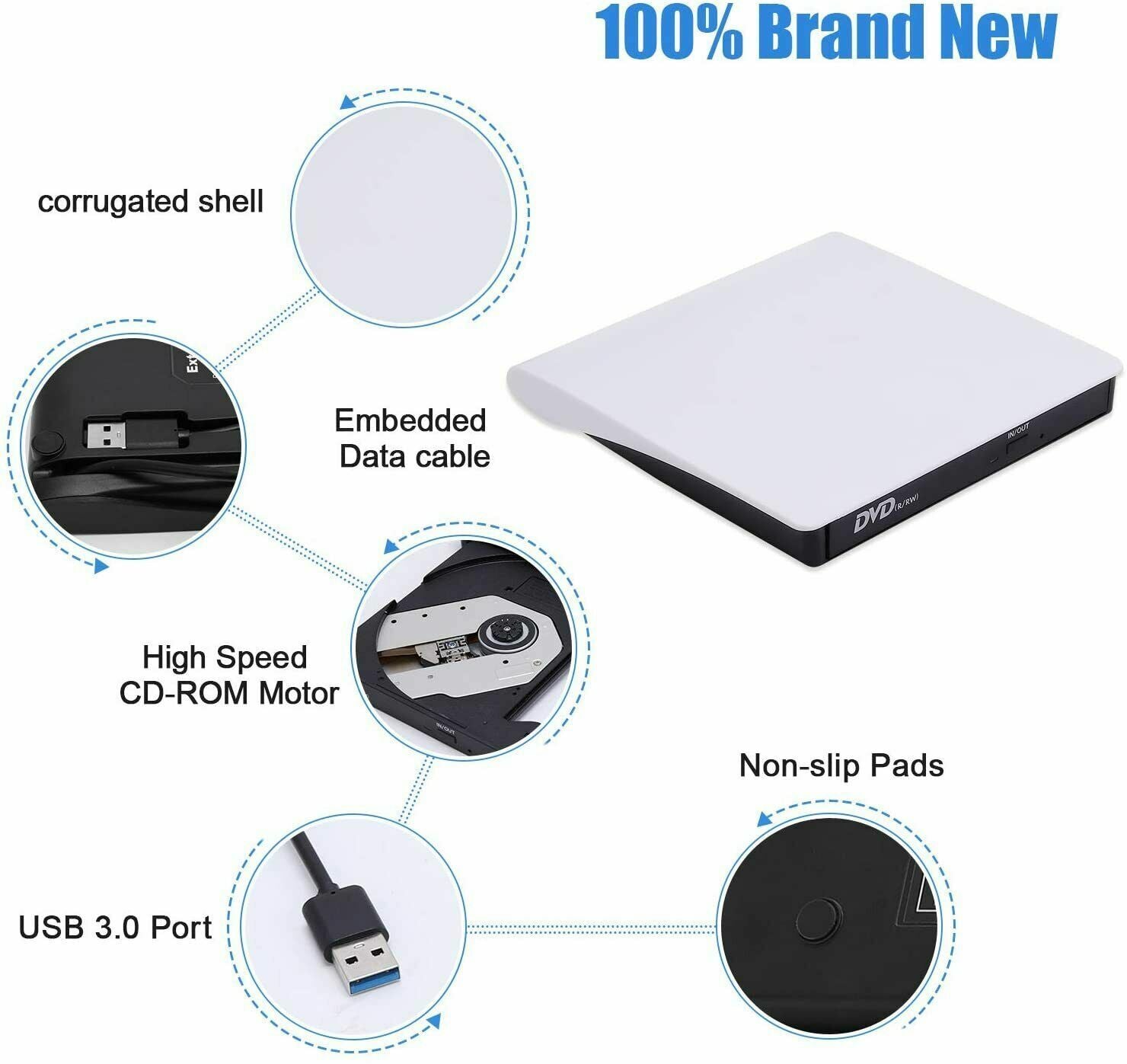 Slim External CD DVD Drive USB 3.0, a portable disc player and burner for laptops and PCs, featuring a sleek silver design.