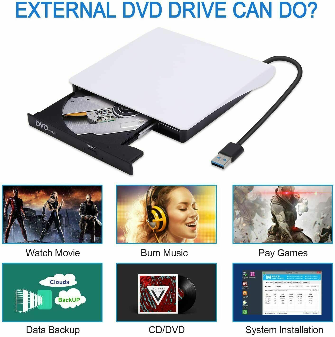 Slim External CD DVD Drive USB 3.0, a portable disc player and burner for laptops and PCs, featuring a sleek silver design.