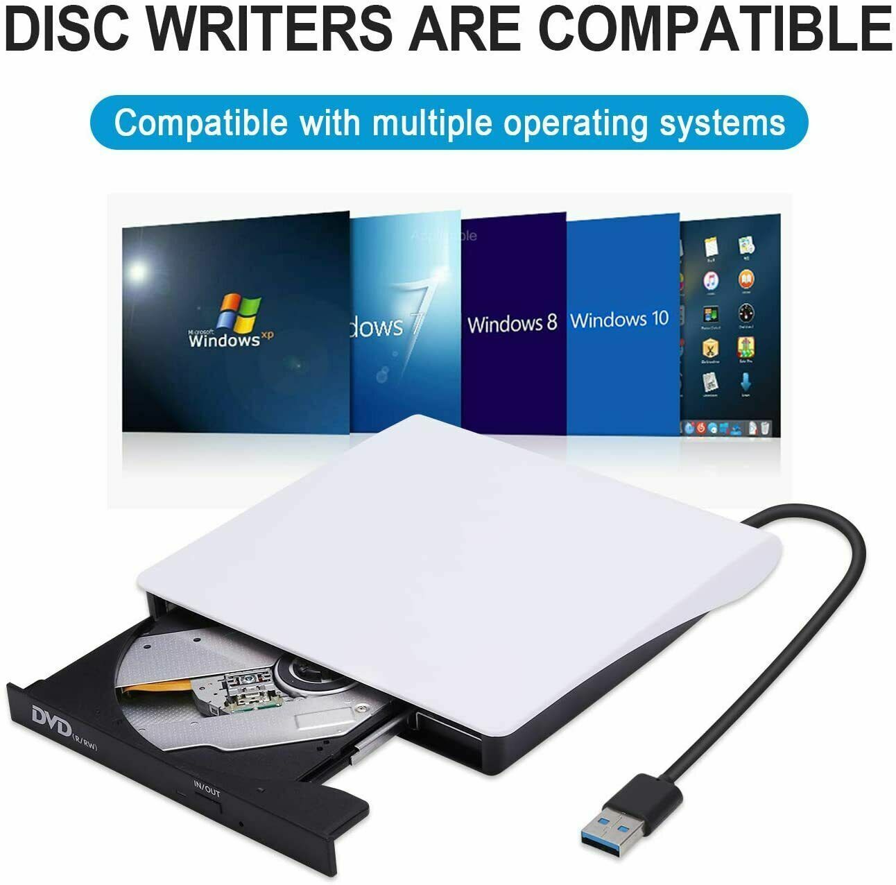 Slim External CD DVD Drive USB 3.0, a portable disc player and burner for laptops and PCs, featuring a sleek silver design.