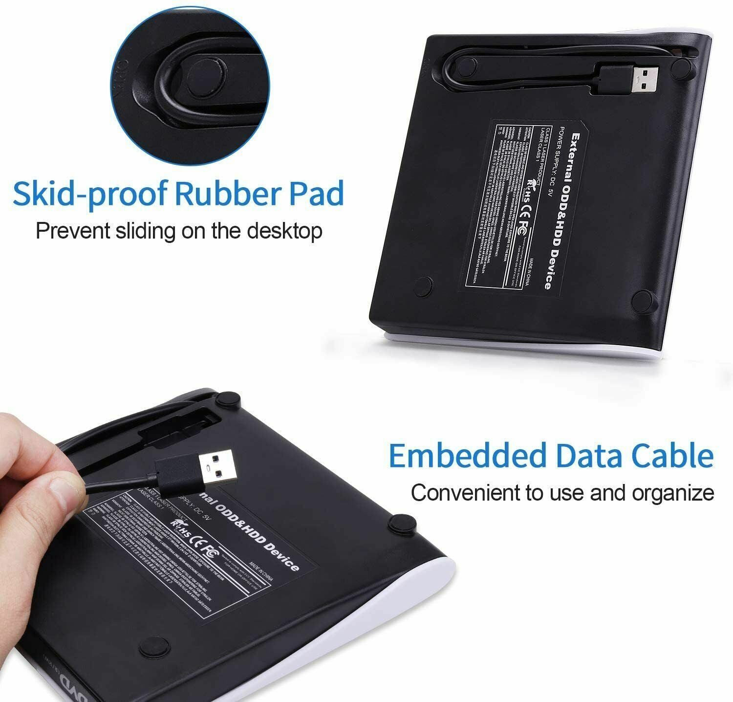 Slim External CD DVD Drive USB 3.0, a portable disc player and burner for laptops and PCs, featuring a sleek silver design.