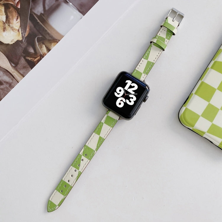 Slimming Checkerboard Leather Watch Band for Apple Watch Series 7, featuring a stylish checkerboard pattern and adjustable length.