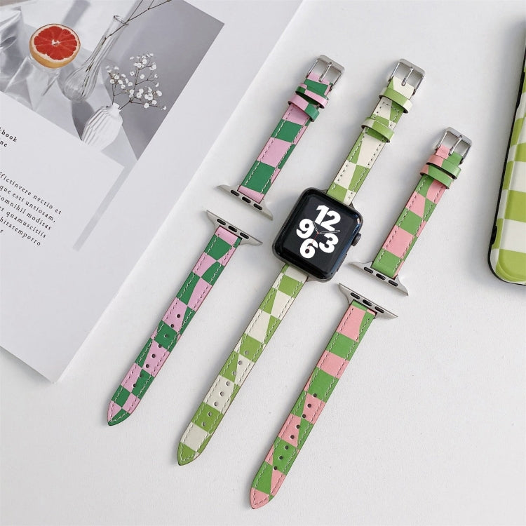 Slimming Checkerboard Leather Watch Band for Apple Watch Series 7, featuring a stylish checkerboard pattern and adjustable length.
