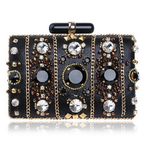 Elegant small black beaded clutch purse with metal chain strap, perfect for evening events and weddings.