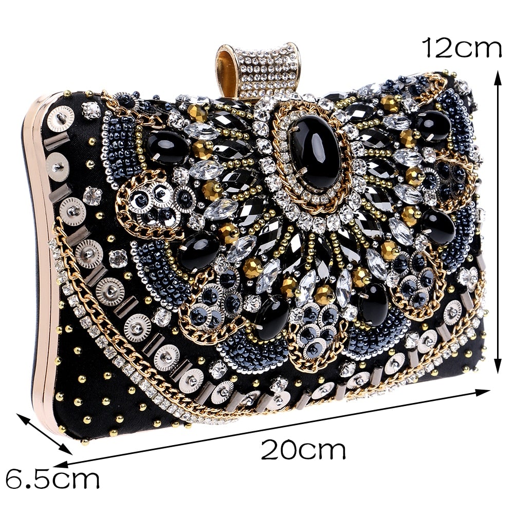 Elegant small black beaded clutch purse with metal chain strap, perfect for evening events and weddings.