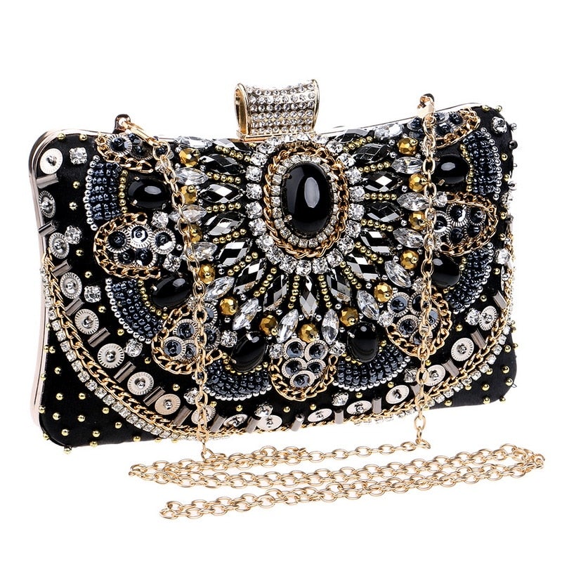 Elegant small black beaded clutch purse with metal chain strap, perfect for evening events and weddings.