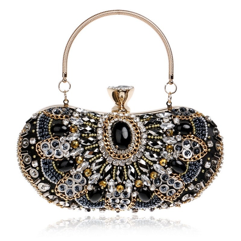 Elegant small black beaded clutch purse with metal chain strap, perfect for evening events and weddings.