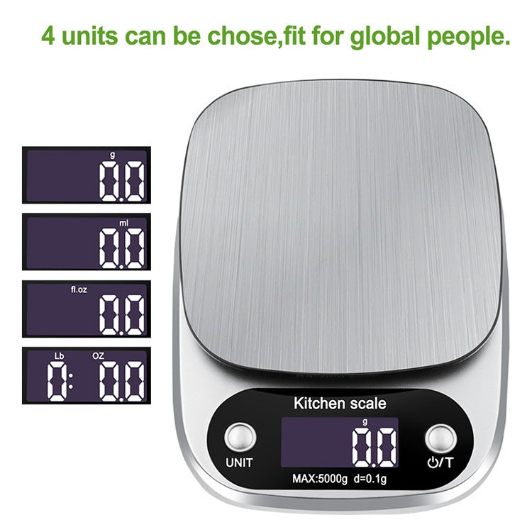 Small Multifunctional Kitchen High Precision Electronic Scale with stainless steel weighing pan and LCD display.