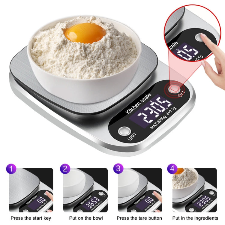 Small Multifunctional Kitchen High Precision Electronic Scale with stainless steel weighing pan and LCD display.