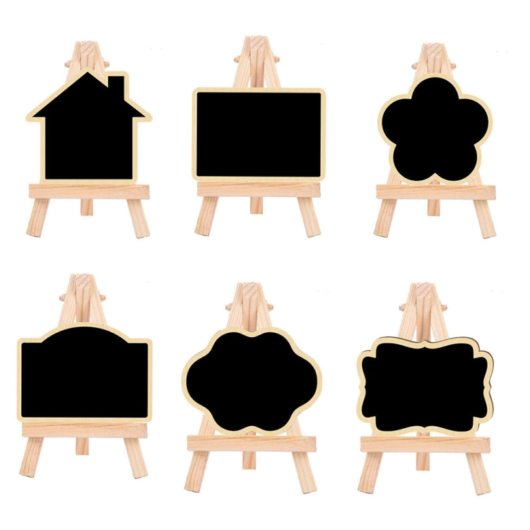 Small Party Shop Message Blackboard Ornaments made of pine wood, featuring various shapes like rectangle, house, and flower, displayed on a tripod.