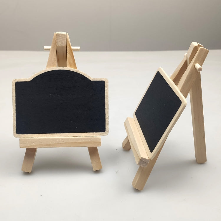 Small Party Shop Message Blackboard Ornaments made of pine wood, featuring various shapes like rectangle, house, and flower, displayed on a tripod.
