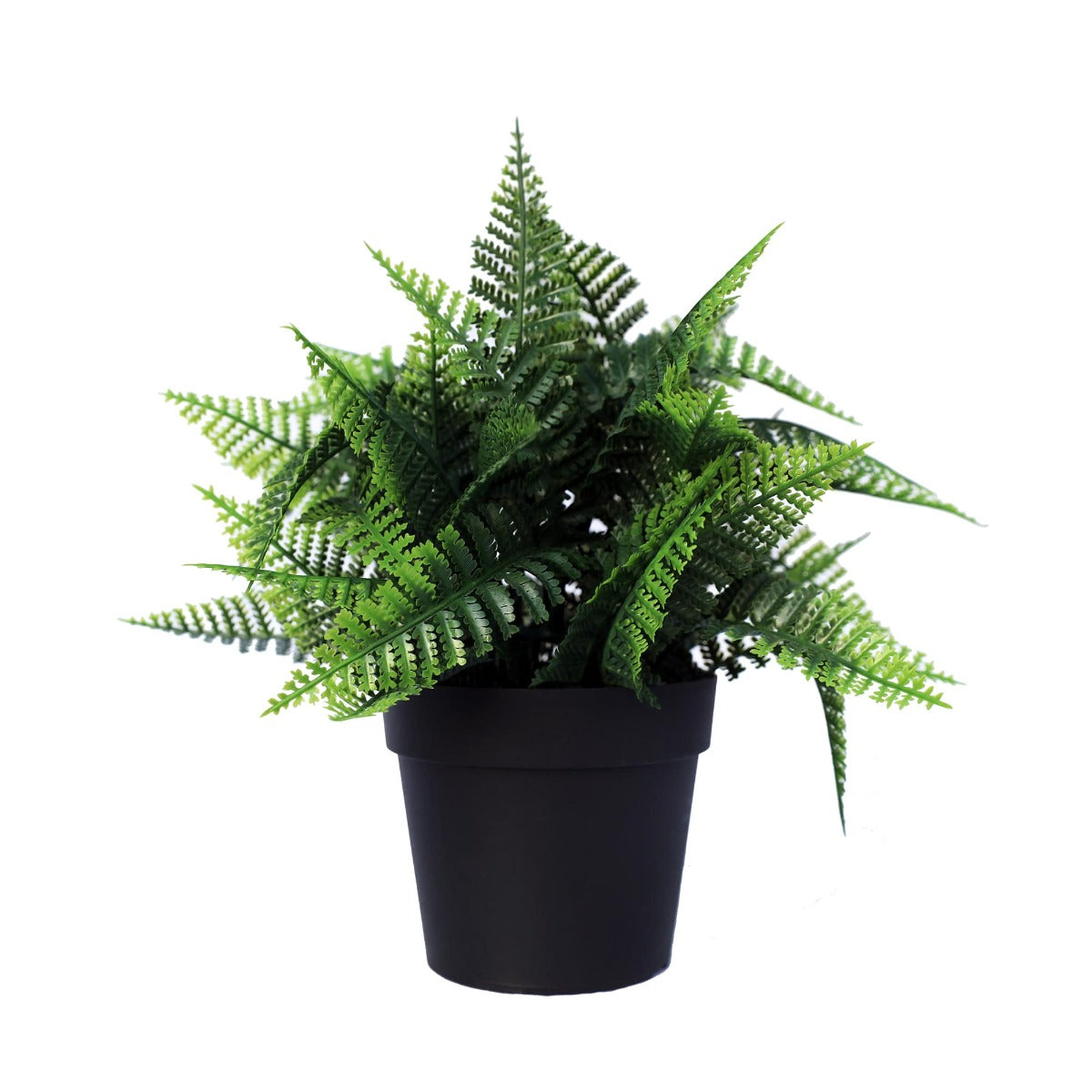 Small potted artificial Boston fern plant with lush green leaves in a decorative pot, suitable for indoor and outdoor use.