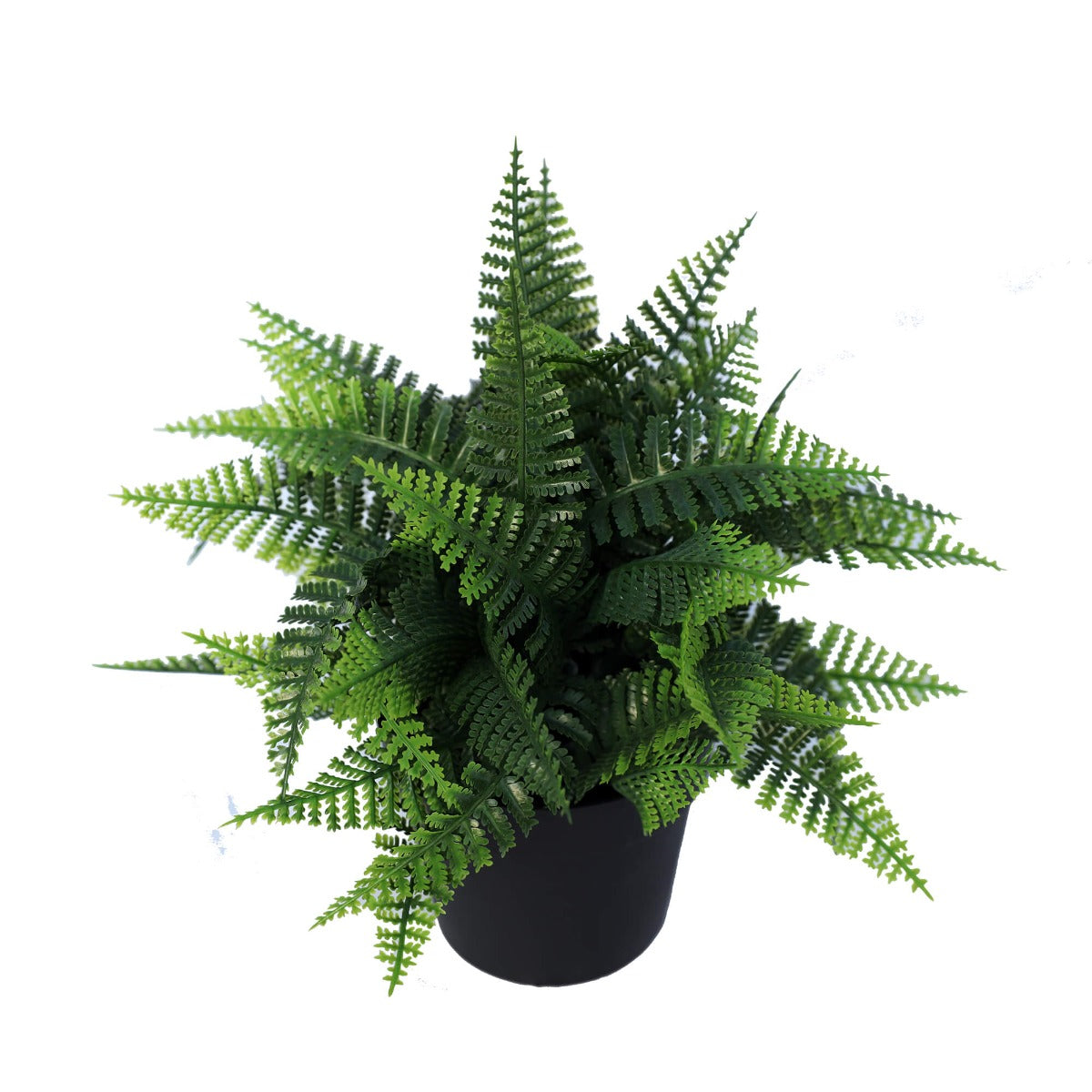 Small potted artificial Boston fern plant with lush green leaves in a decorative pot, suitable for indoor and outdoor use.