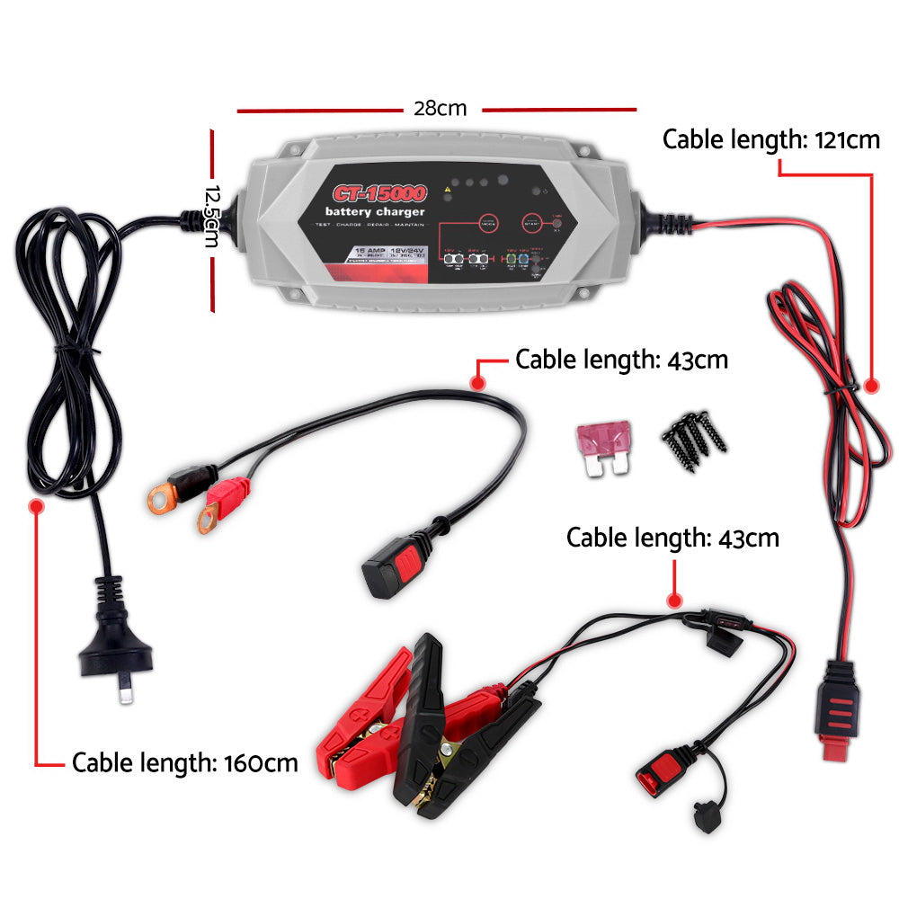 Smart Battery Charger 15A for 12V and 24V batteries, featuring a compact design and multiple charging modes.
