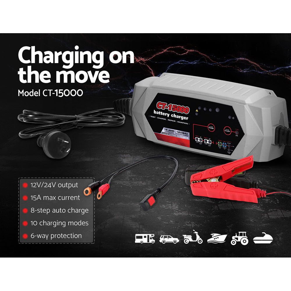 Smart Battery Charger 15A for 12V and 24V batteries, featuring a compact design and multiple charging modes.