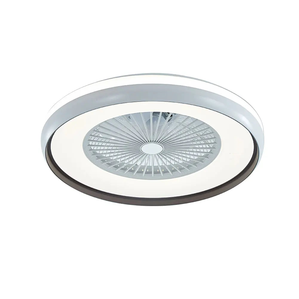 Smart ceiling fan with LED lights and remote control, designed for modern bedroom decor.