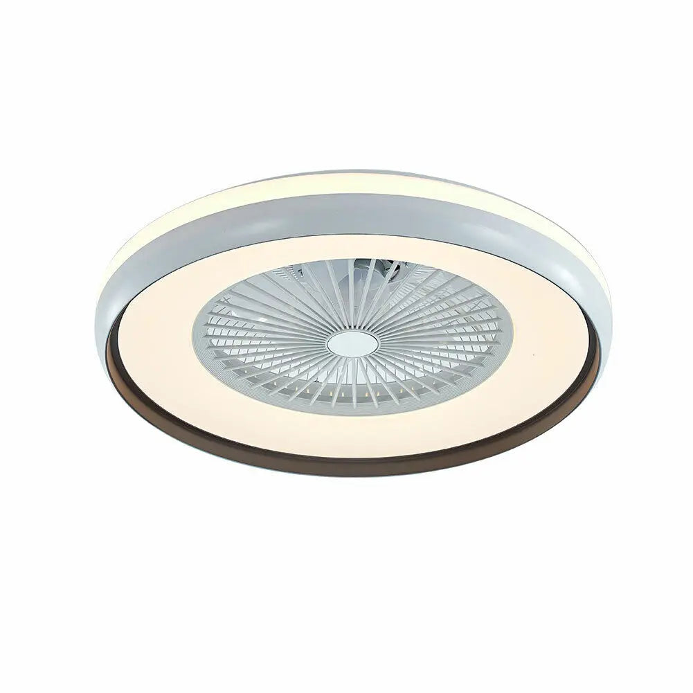 Smart ceiling fan with LED lights and remote control, designed for modern bedroom decor.