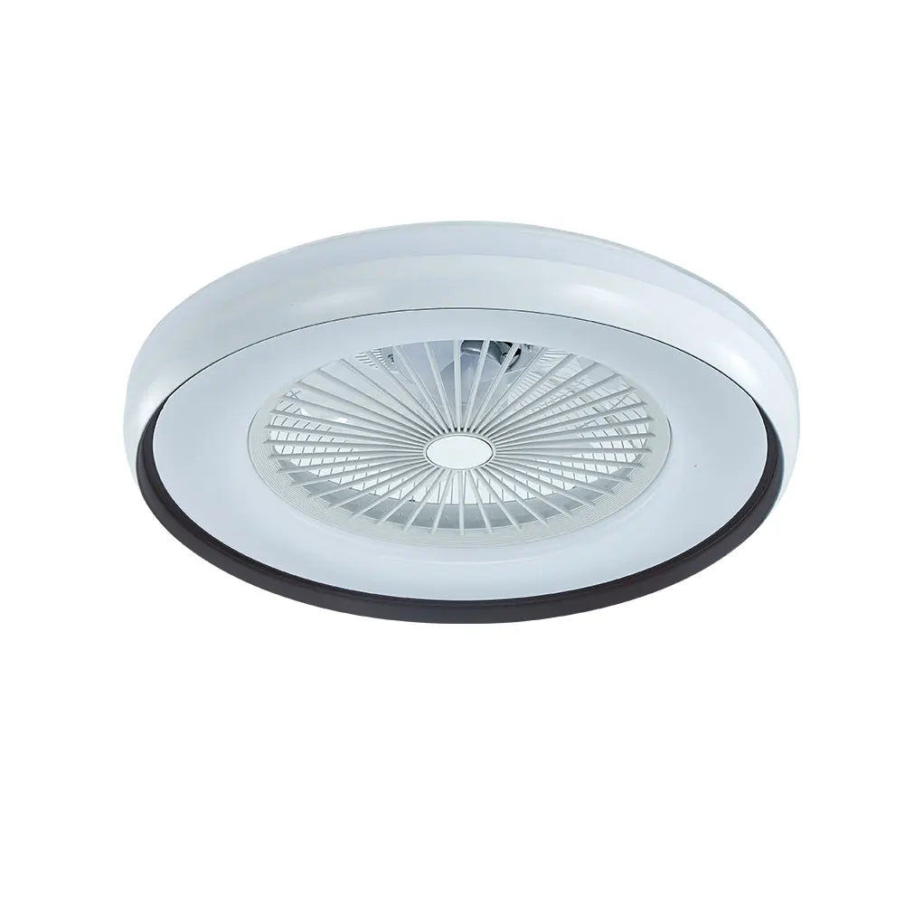 Smart ceiling fan with LED lights and remote control, designed for modern bedroom decor.