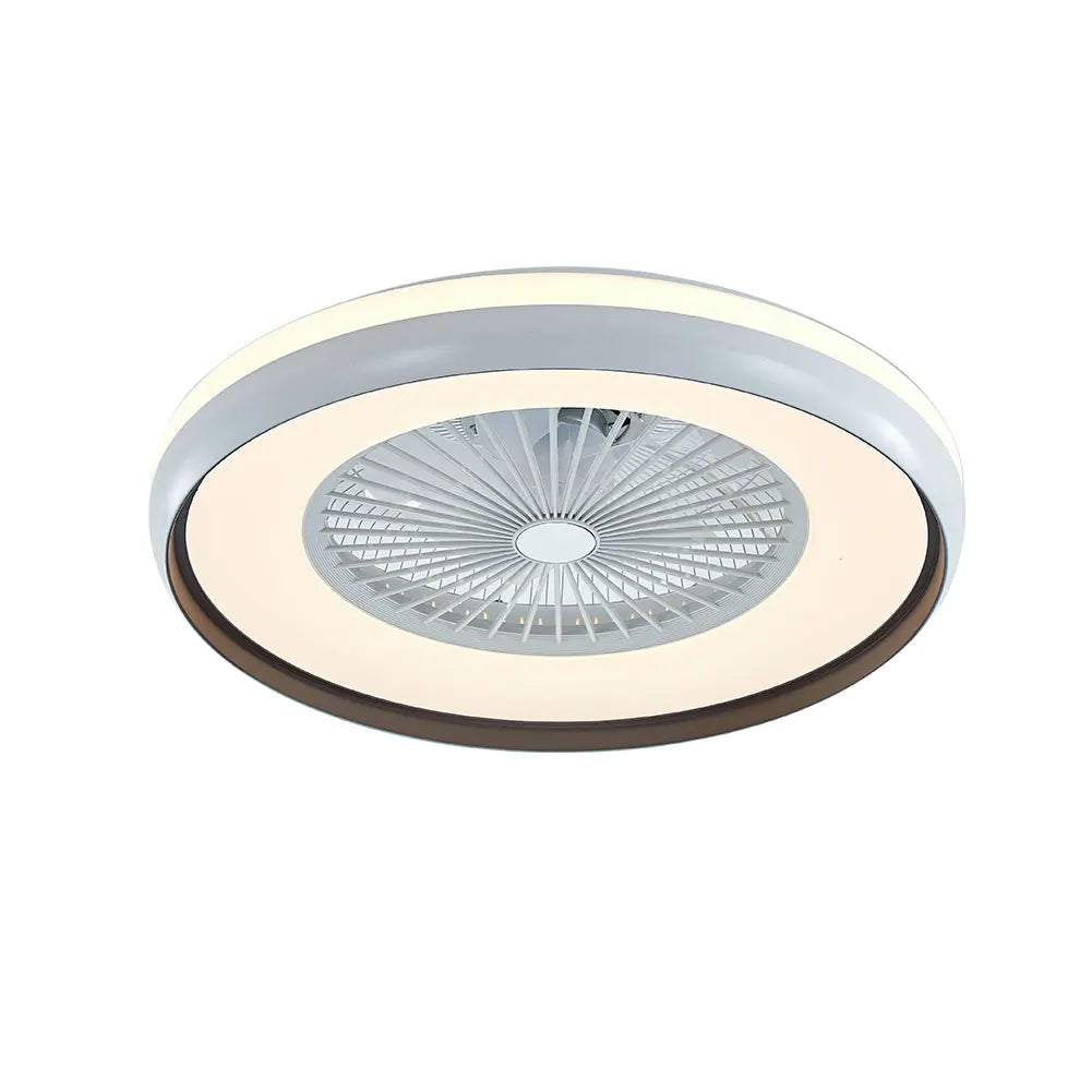 Smart ceiling fan with LED lights and remote control, designed for modern bedroom decor.