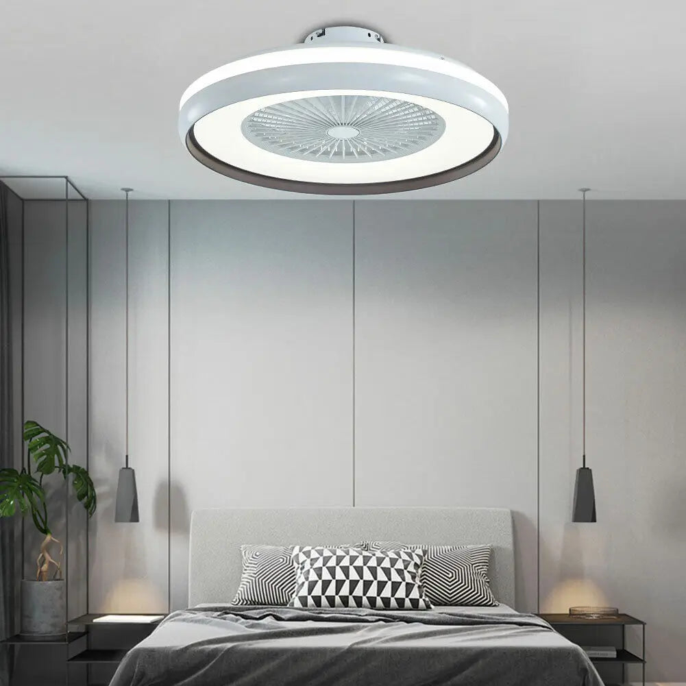 Smart ceiling fan with LED lights and remote control, designed for modern bedroom decor.