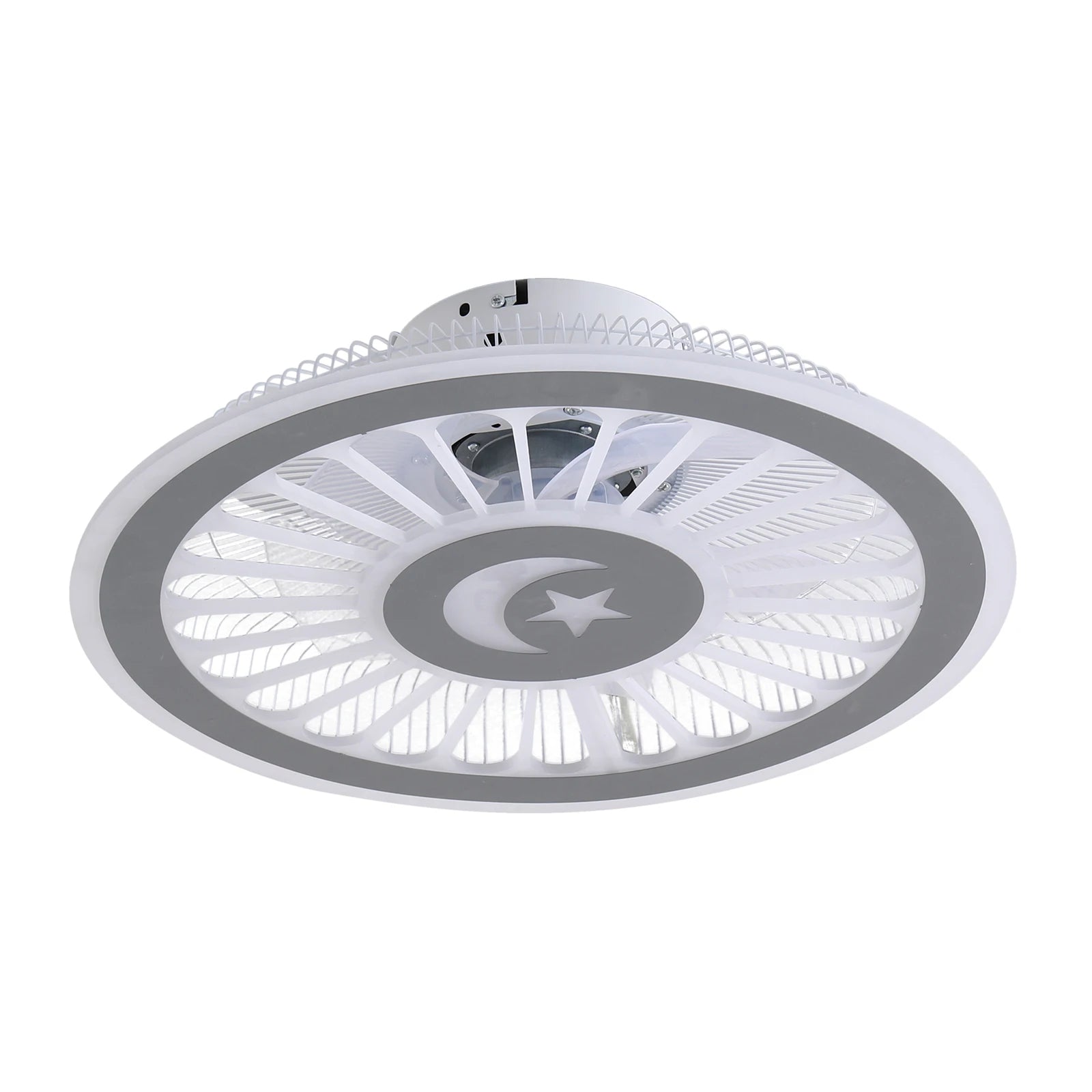 Smart ceiling fan with LED lights and remote control, designed for modern bedroom decor.