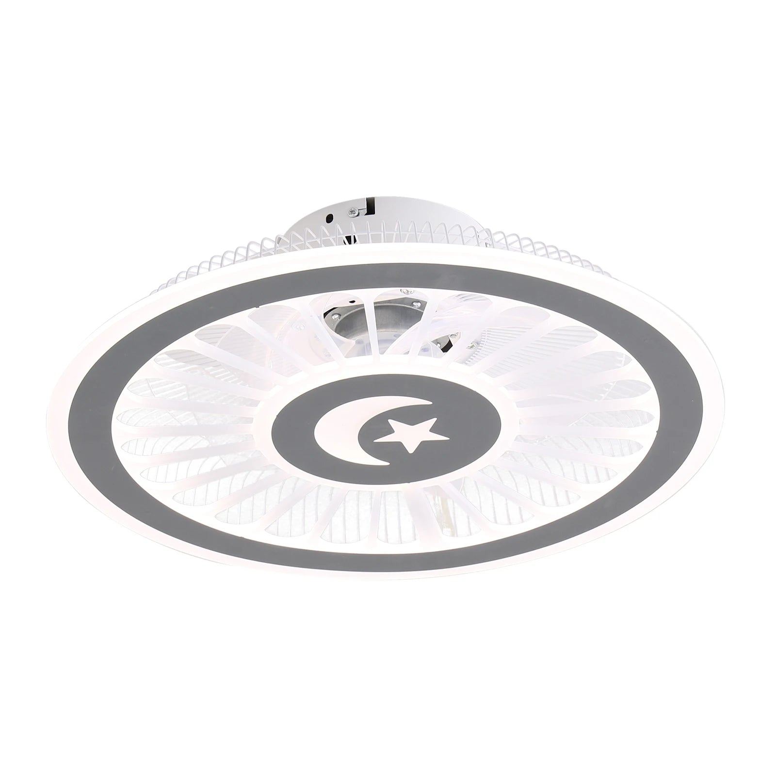 Smart ceiling fan with LED lights and remote control, designed for modern bedroom decor.