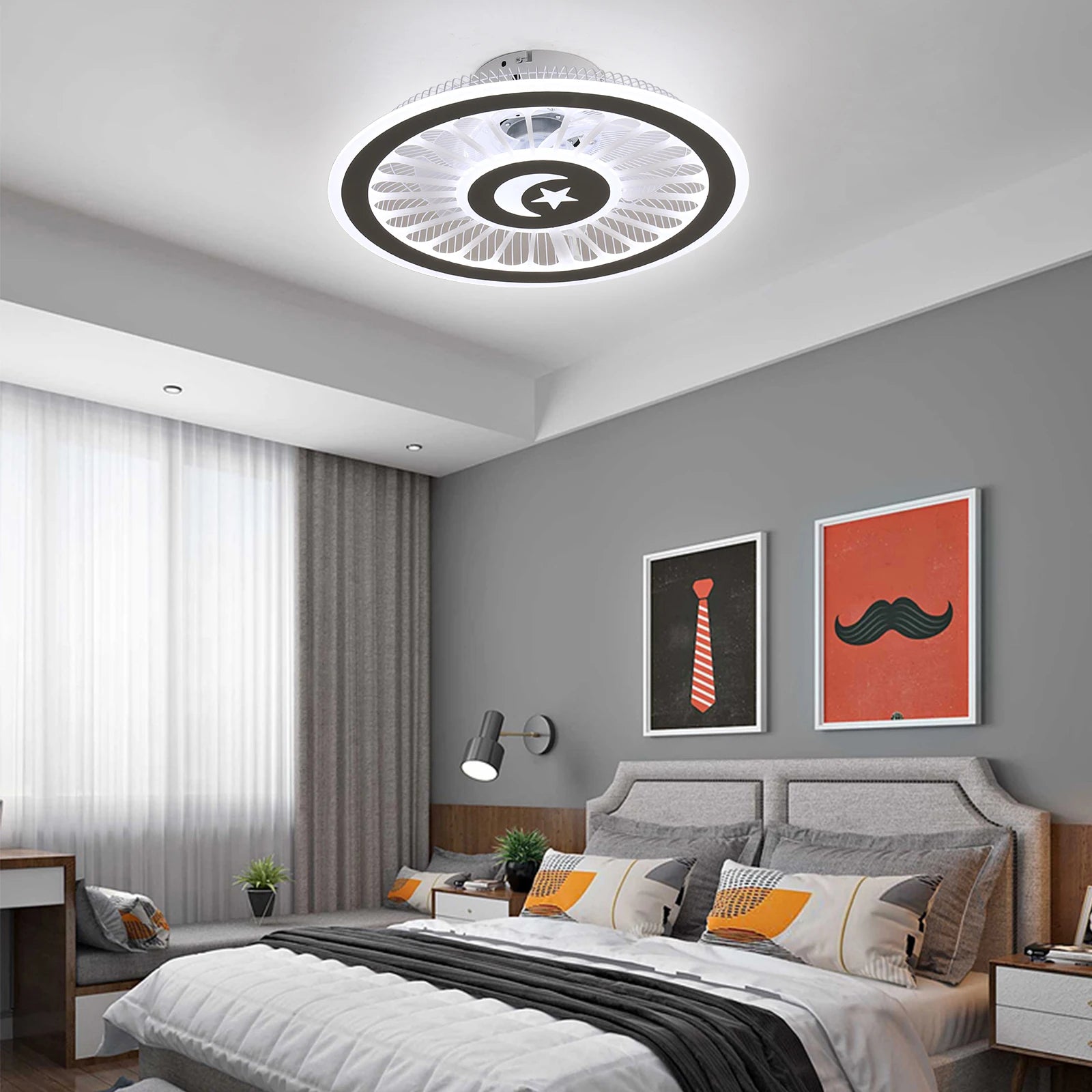 Smart ceiling fan with LED lights and remote control, designed for modern bedroom decor.