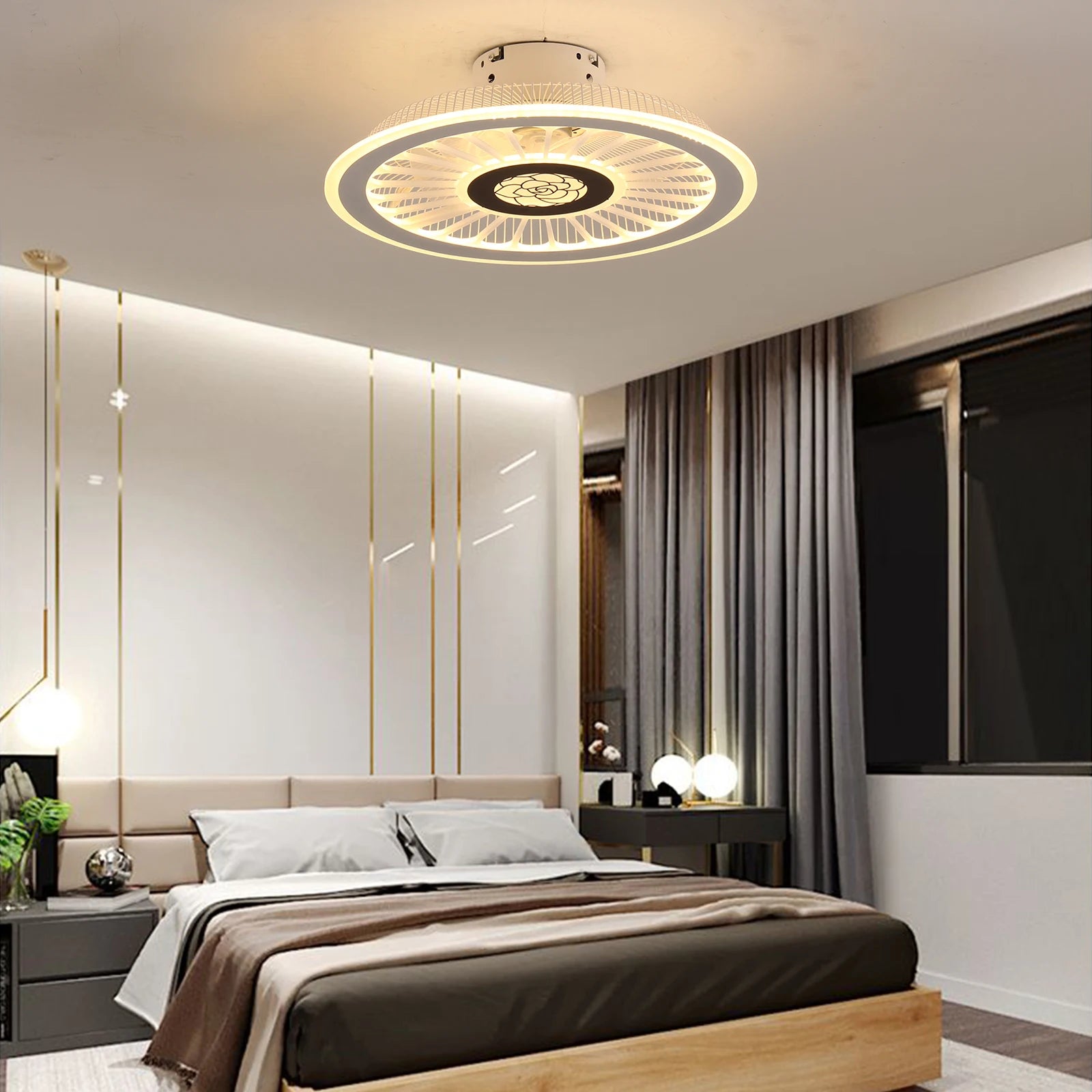 Smart ceiling fan with LED lights and remote control, designed for modern bedroom decor.