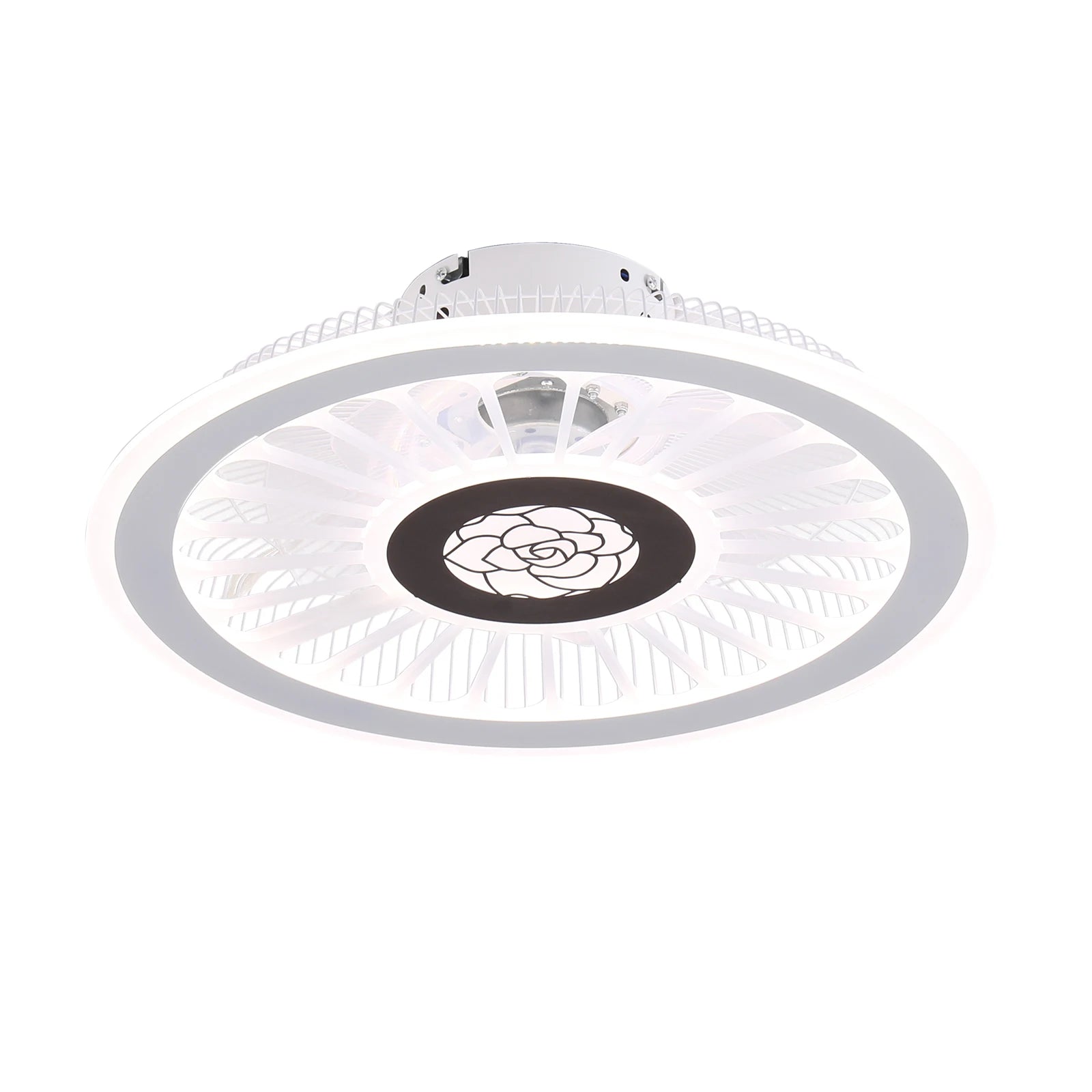 Smart ceiling fan with LED lights and remote control, designed for modern bedroom decor.