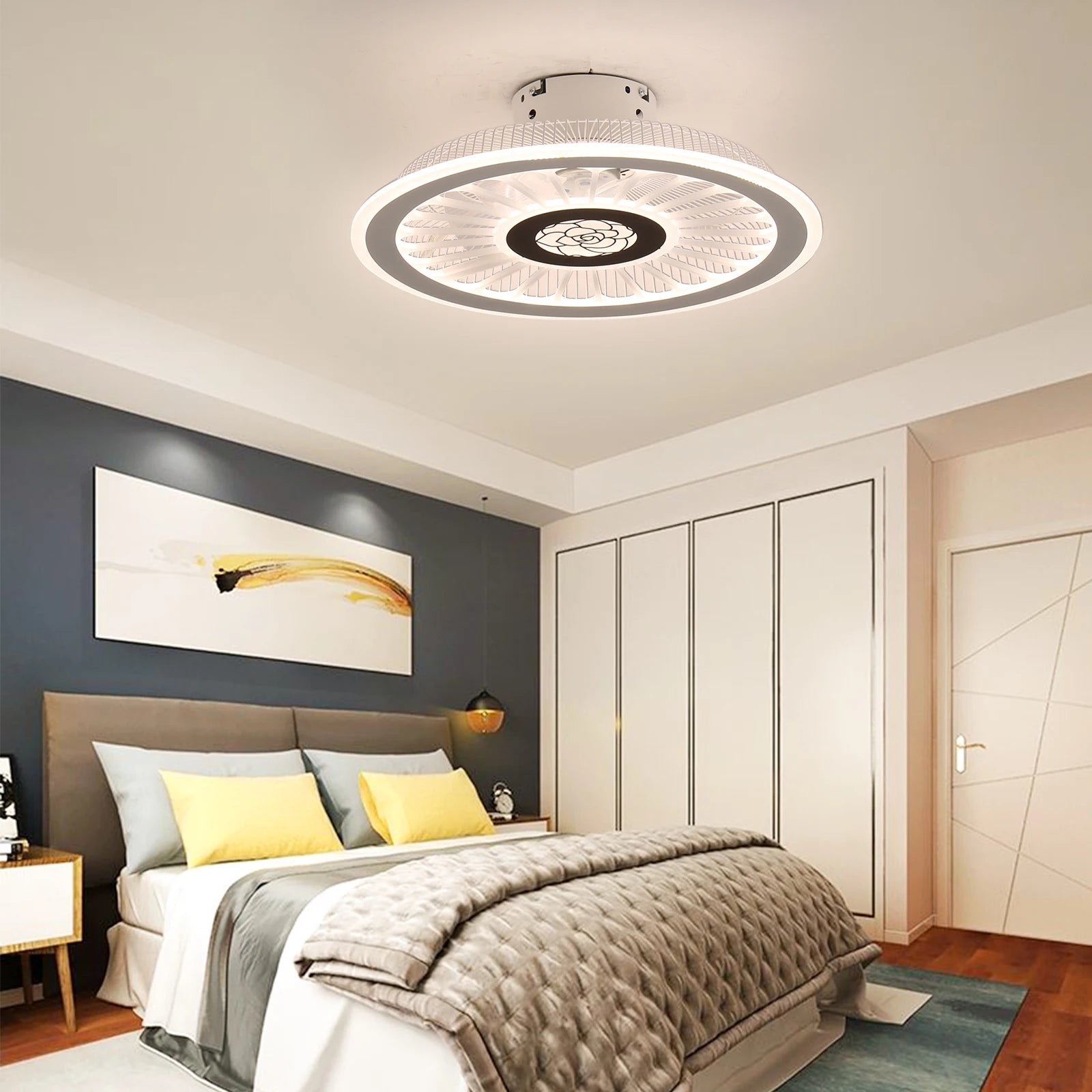 Smart ceiling fan with LED lights and remote control, designed for modern bedroom decor.