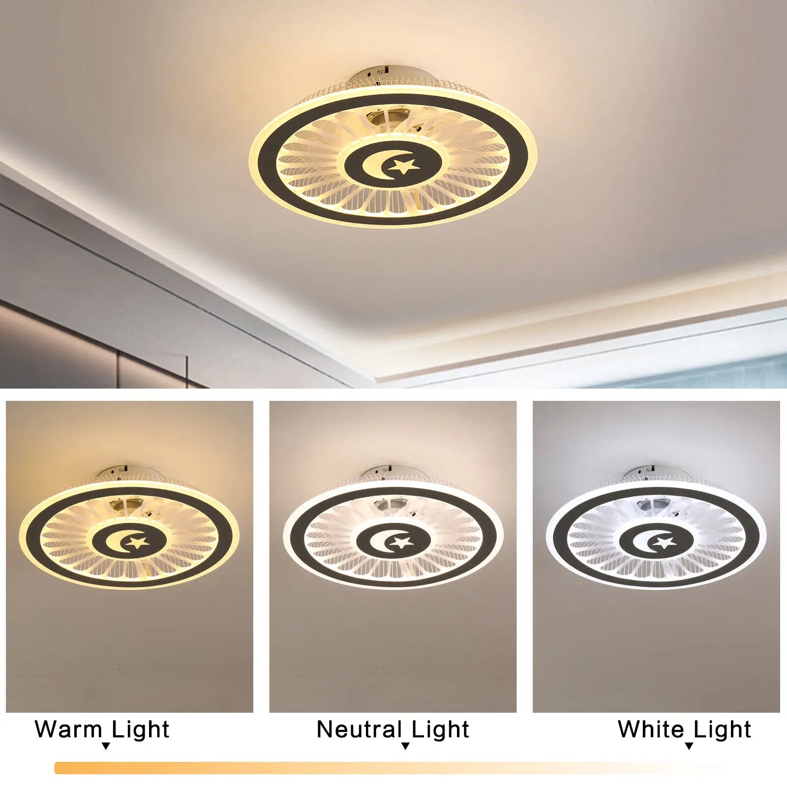 Smart ceiling fan with LED lights and remote control, designed for modern bedroom decor.