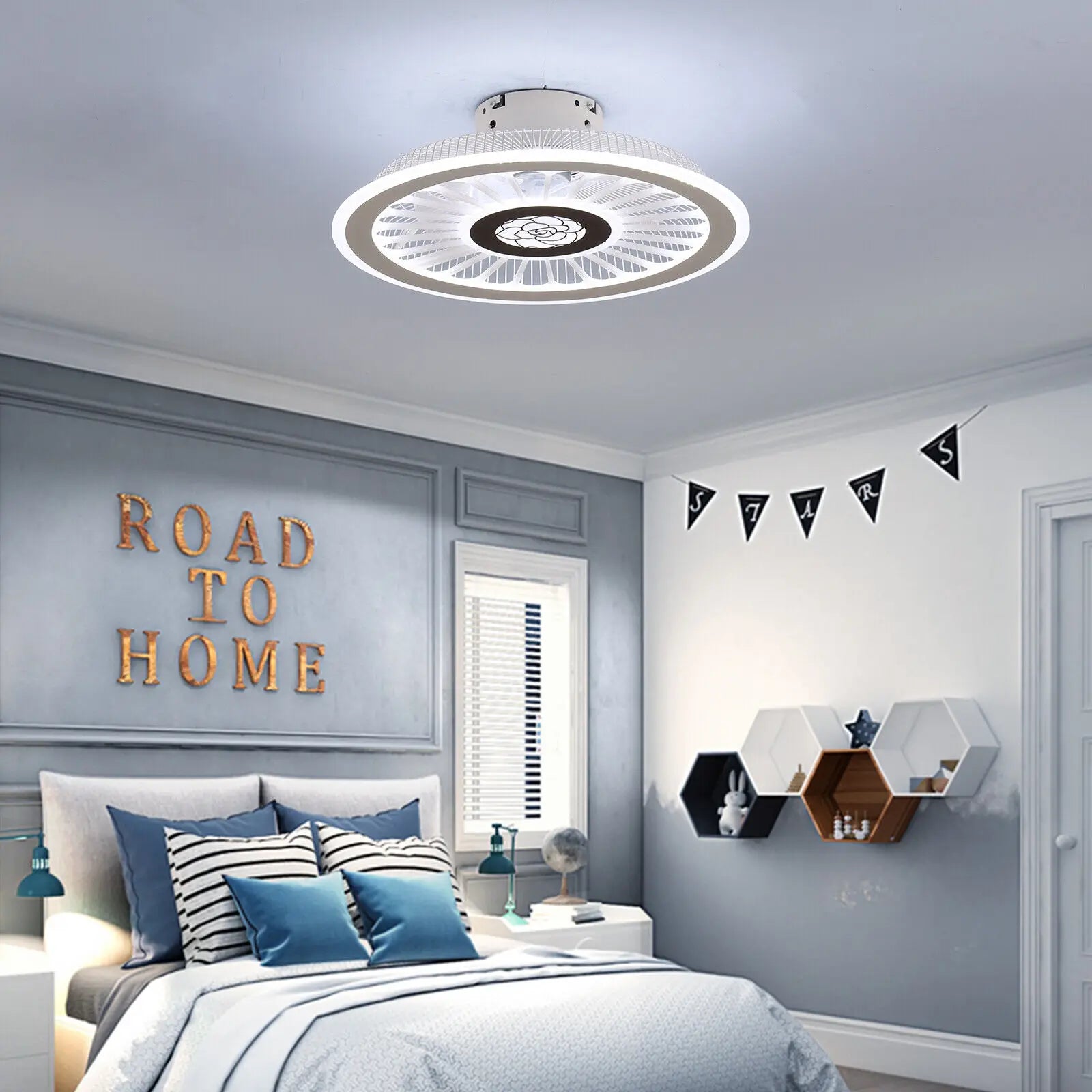 Smart ceiling fan with LED lights and remote control, designed for modern bedroom decor.