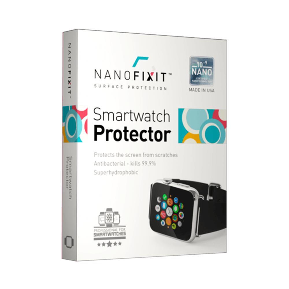 Smartwatch Protector showcasing its clear, durable coating on a smartwatch screen, highlighting scratch resistance and antibacterial features.