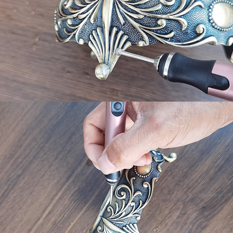 SNJ-3681 Mini Engraving Pen in silver, showcasing its compact design and included accessories.