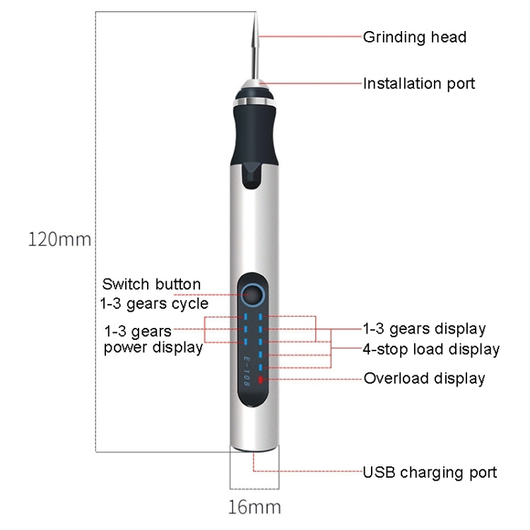 SNJ-3681 Mini Engraving Pen in silver, showcasing its compact design and included accessories.