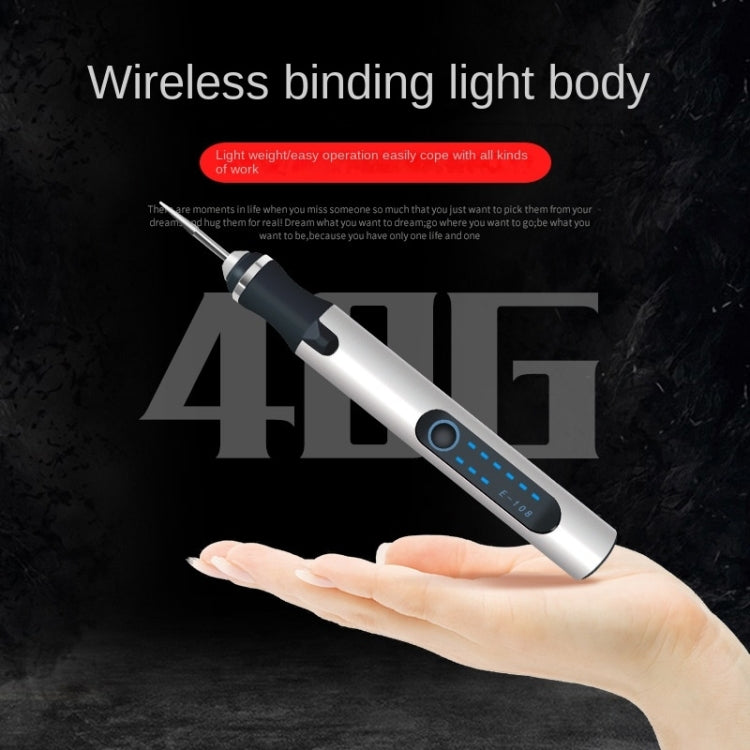 SNJ-3681 Mini Engraving Pen in silver, showcasing its compact design and included accessories.