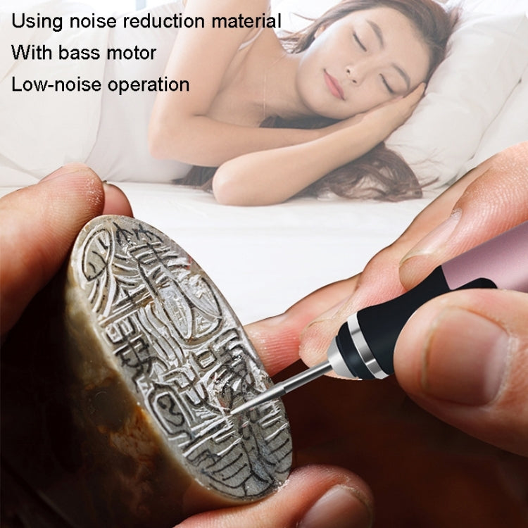 SNJ-3681 Mini Engraving Pen in silver, showcasing its compact design and included accessories.