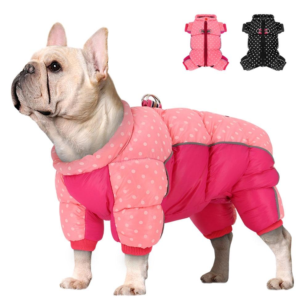 A warm and stylish Snow Down Jacket Coat for small to medium dogs, featuring reflective elements and available in pink and black colors.