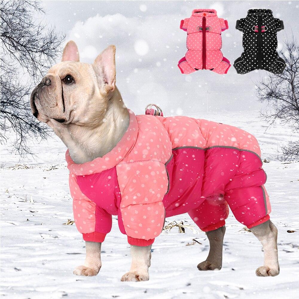 A warm and stylish Snow Down Jacket Coat for small to medium dogs, featuring reflective elements and available in pink and black colors.
