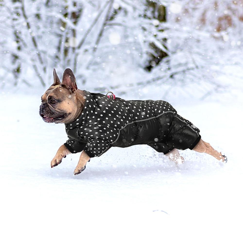 A warm and stylish Snow Down Jacket Coat for small to medium dogs, featuring reflective elements and available in pink and black colors.