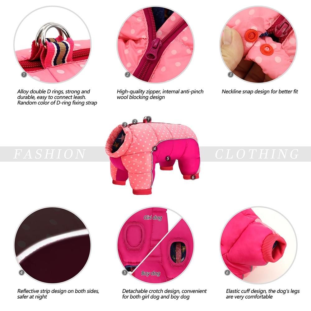 A warm and stylish Snow Down Jacket Coat for small to medium dogs, featuring reflective elements and available in pink and black colors.