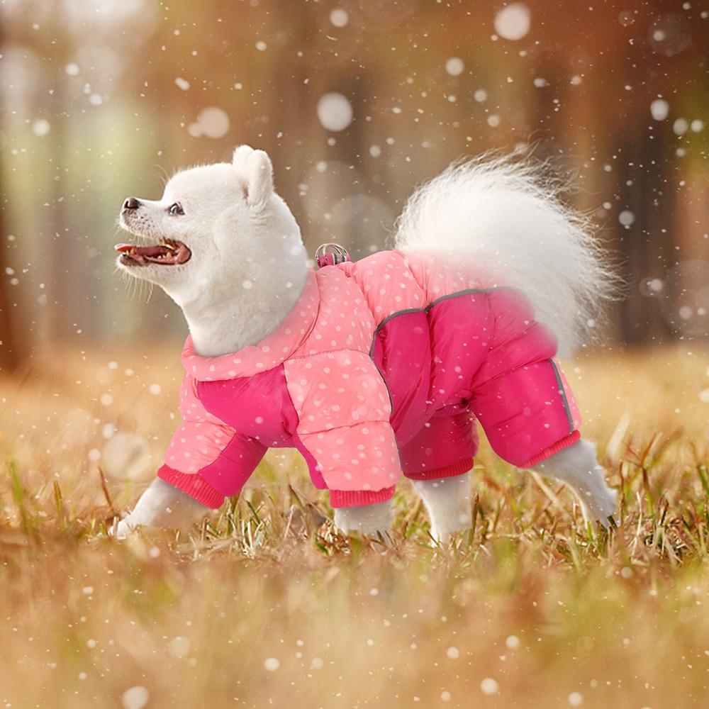 A warm and stylish Snow Down Jacket Coat for small to medium dogs, featuring reflective elements and available in pink and black colors.