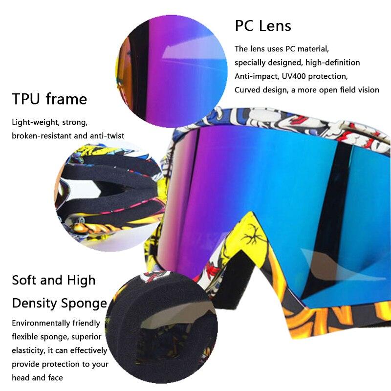 A pair of stylish snow sports skiing sunglasses with UV400 protection, featuring a multi-colored frame and polycarbonate lenses, ideal for outdoor activities.
