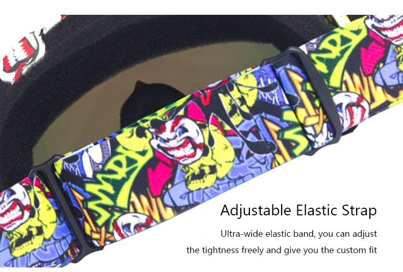 A pair of stylish snow sports skiing sunglasses with UV400 protection, featuring a multi-colored frame and polycarbonate lenses, ideal for outdoor activities.