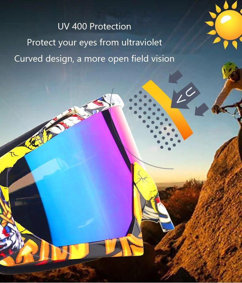 A pair of stylish snow sports skiing sunglasses with UV400 protection, featuring a multi-colored frame and polycarbonate lenses, ideal for outdoor activities.