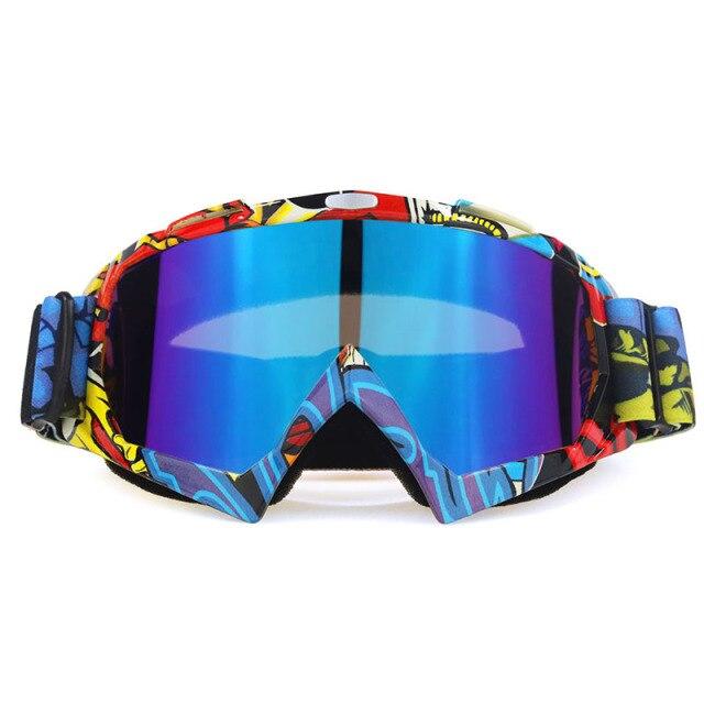 A pair of stylish snow sports skiing sunglasses with UV400 protection, featuring a multi-colored frame and polycarbonate lenses, ideal for outdoor activities.