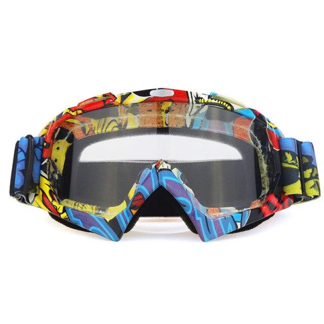 A pair of stylish snow sports skiing sunglasses with UV400 protection, featuring a multi-colored frame and polycarbonate lenses, ideal for outdoor activities.